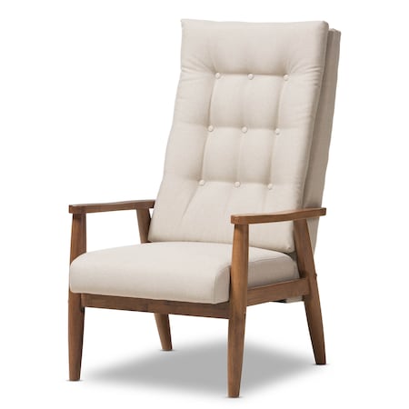 Baxton Studio Roxy Walnut wood and Beige Upholstered Button-Tufted High-Back Chair 133-7141
